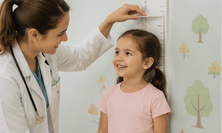 Pediatra mede a altura de uma menina durante o acompanhamento