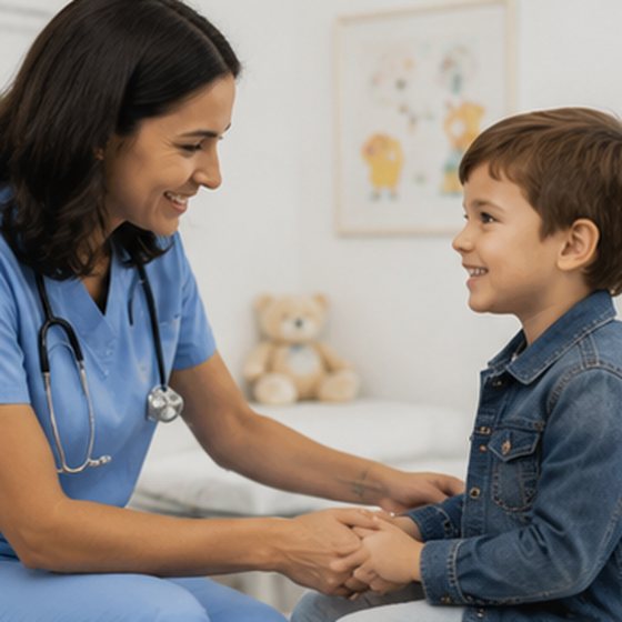 Médica segura com carinho as mãos de um menino durante o atendimento