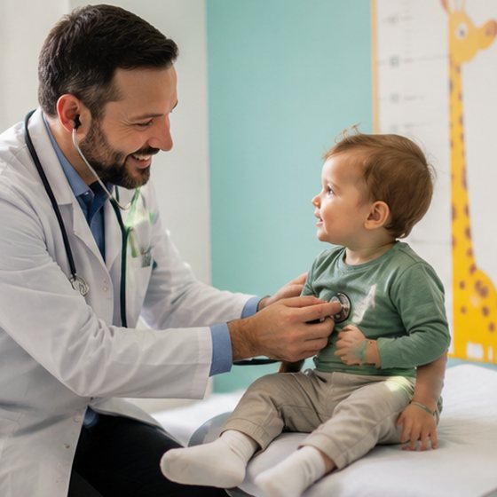 Médico ausculta com cuidado o coração de um bebê no colo