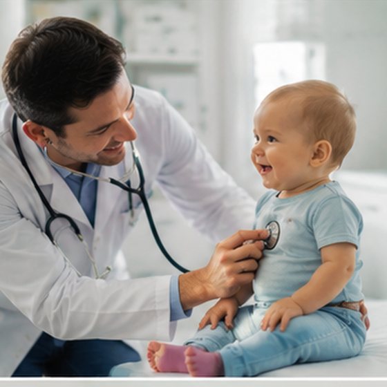 Pediatra ausculta um bebê sorridente durante a consulta