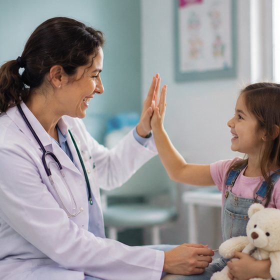 Médica dá um toca-aqui sorrindo para uma menina na consulta